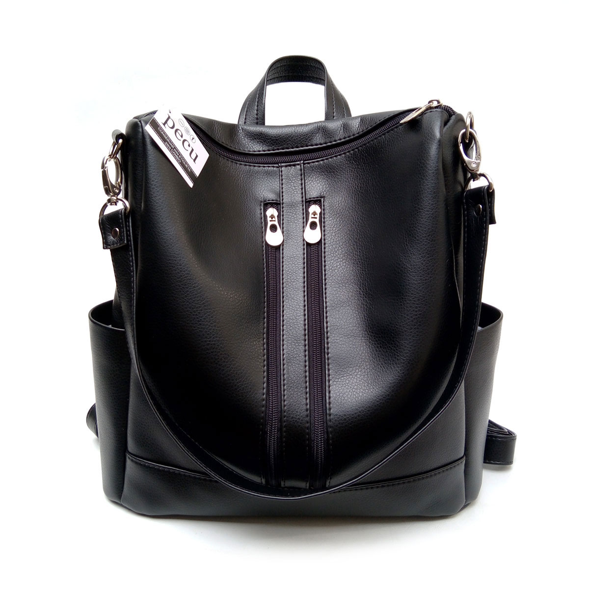 Cartera Mochila Bolso Cuero Eco Doble Cierre | Negro