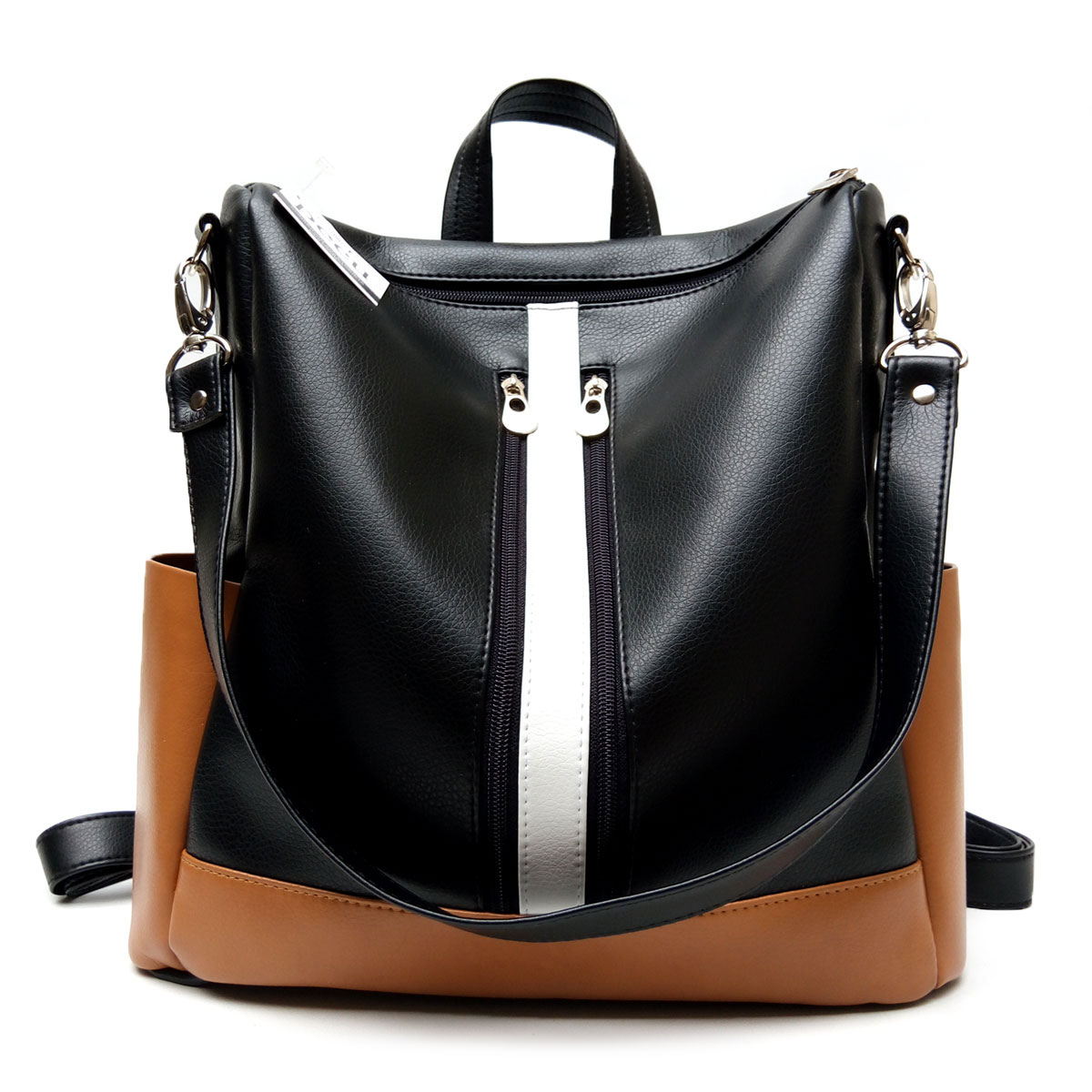 Cartera Mochila Bolso Cuero Eco Doble Cierre | Negro/Suela/Blanco