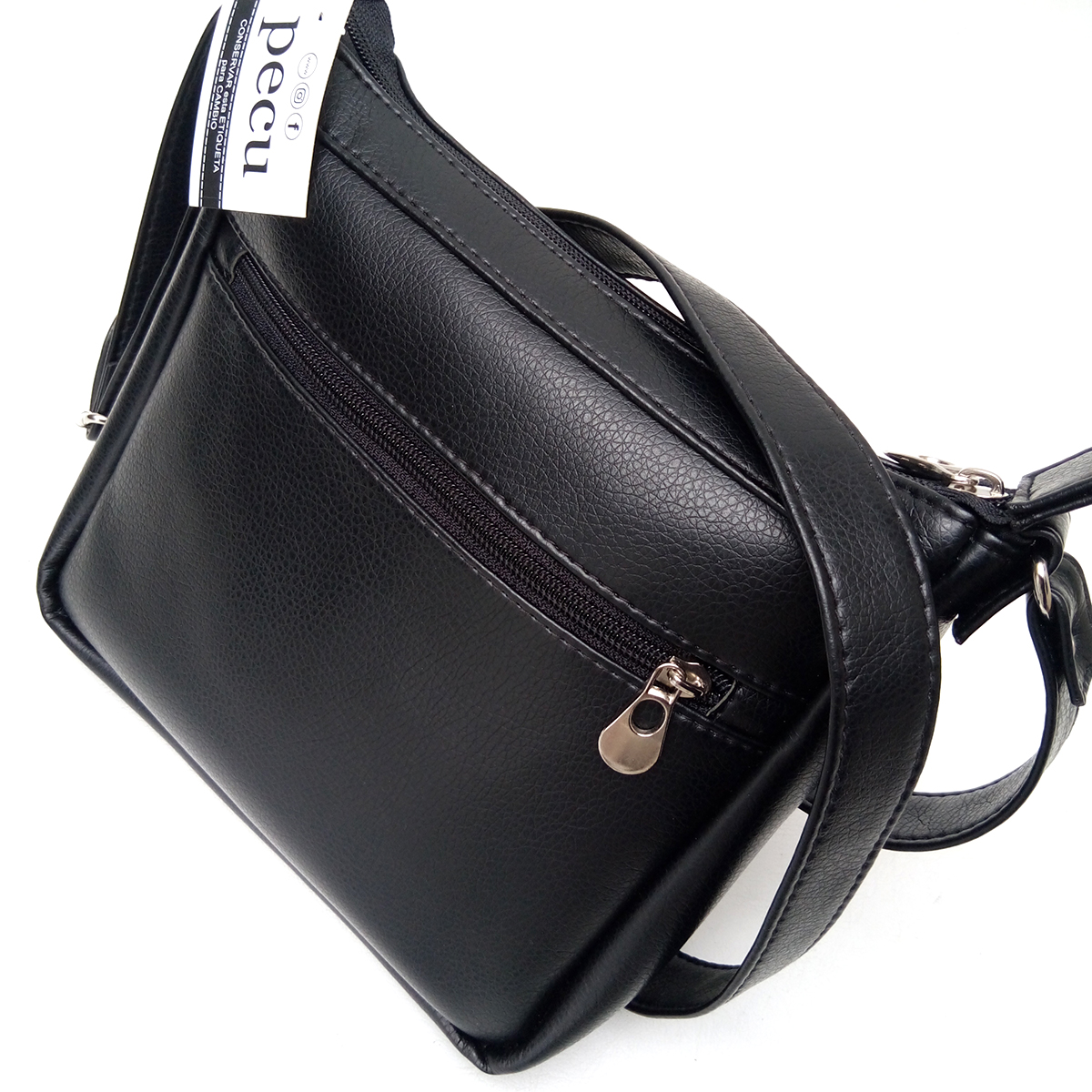 Mini Bandolera Negra Mujer Cuero Vegano Tres Bolsillos