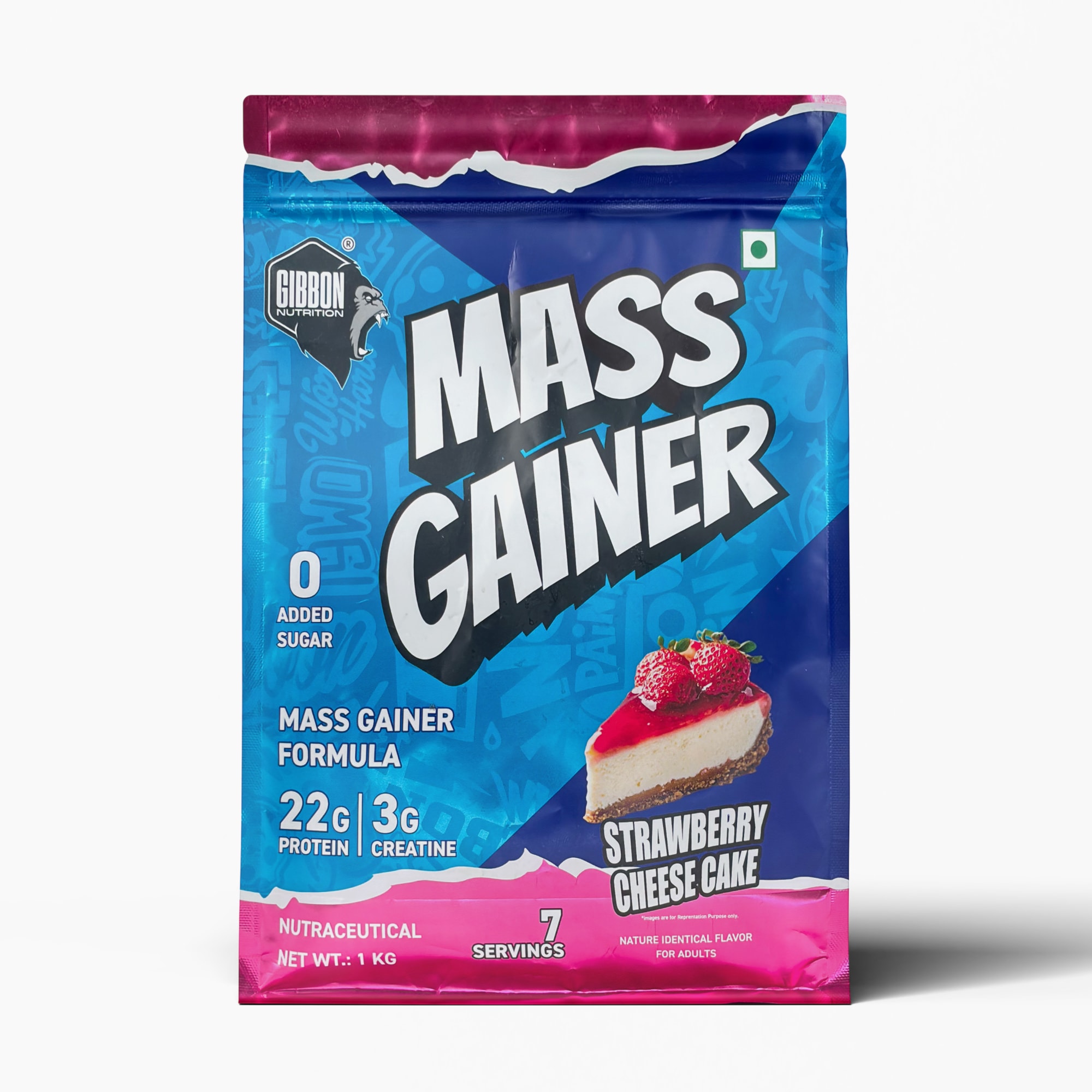 Gibbon Mass Gainer 1 kg pouch in Strawberry cheese cake flavour