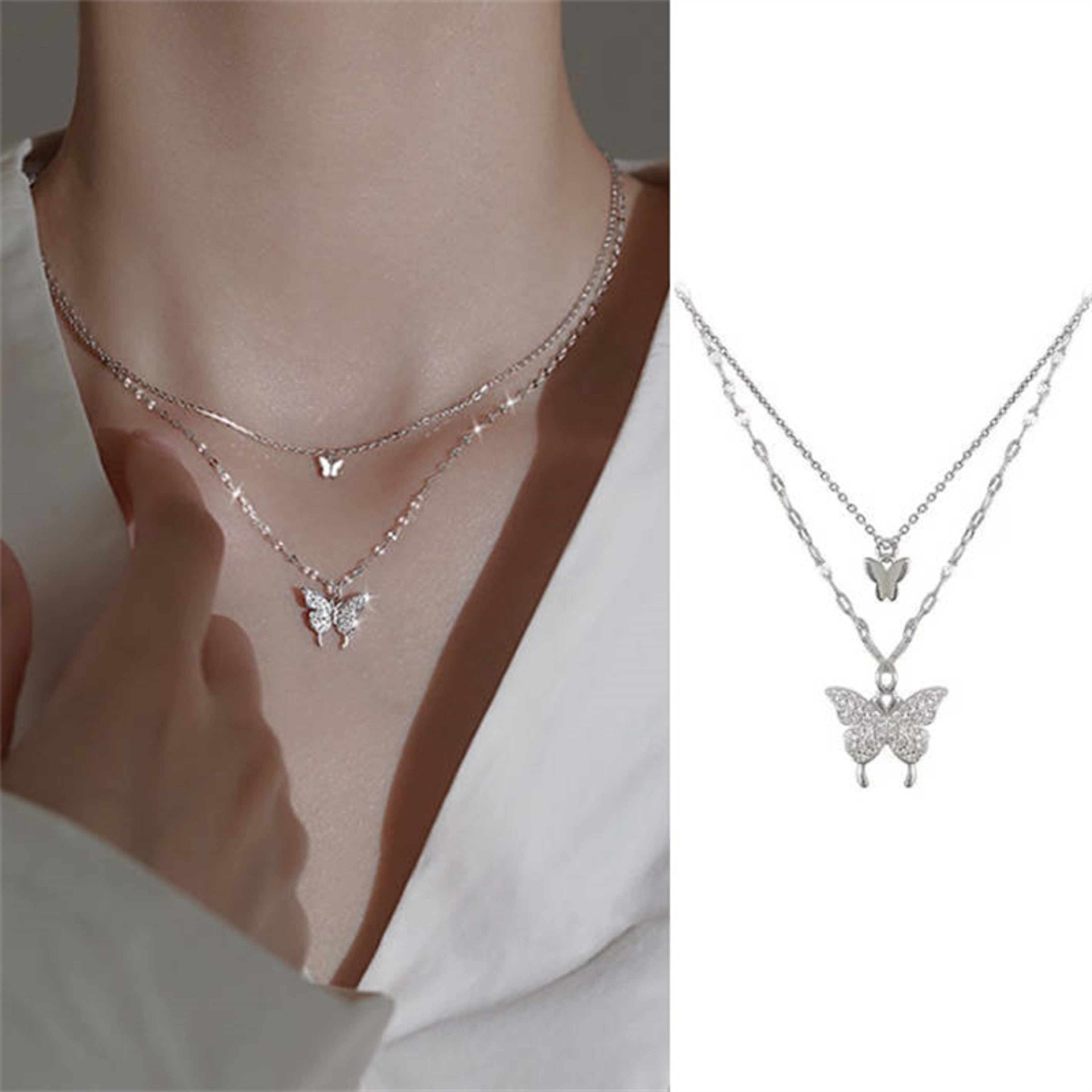 Colar Com Pingente De Borboleta De Camada Dupla Para Mulheres Corrente De Clavícula Elegante Strass Brilhante
