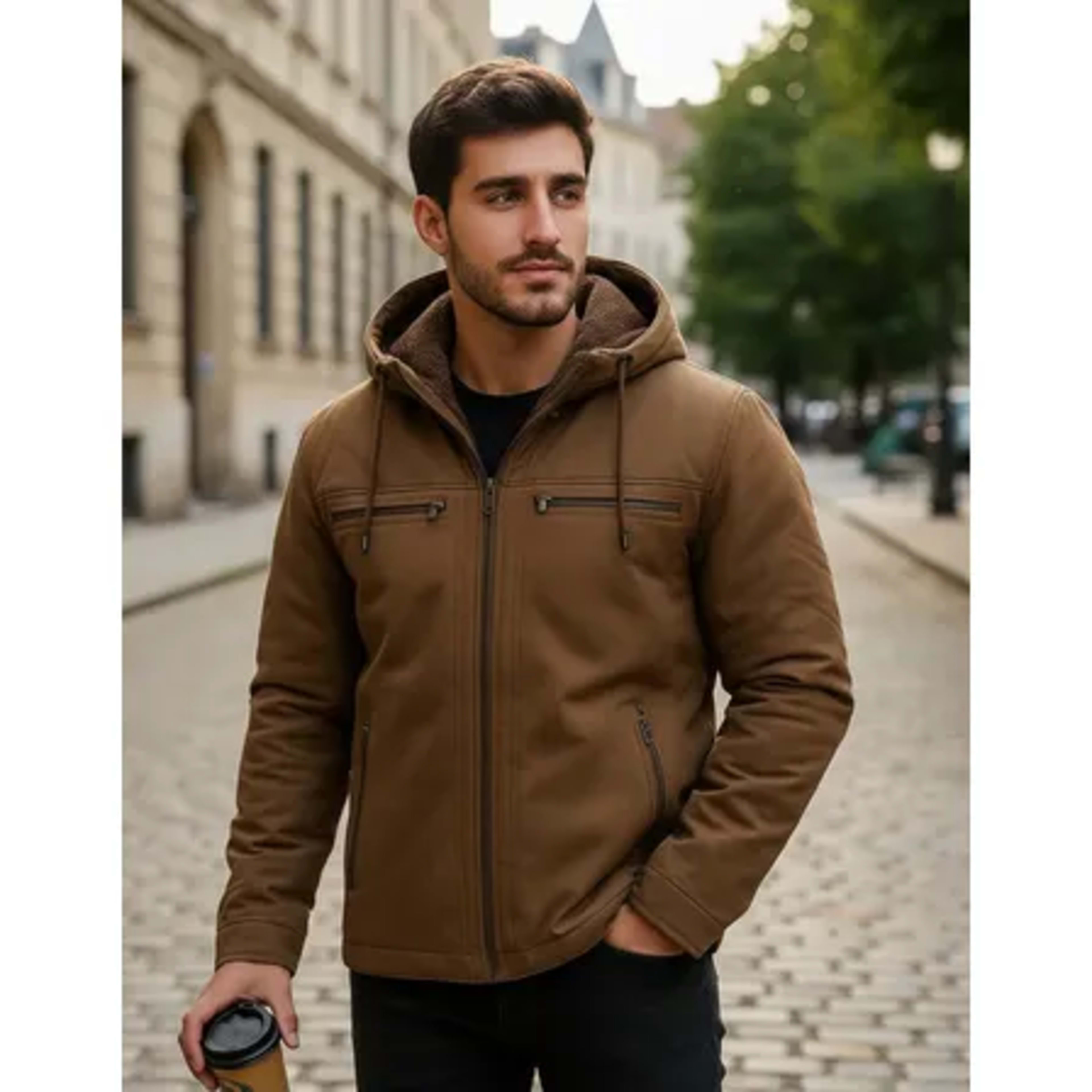 Jaqueta Sarja Masculina Com Capuz Removível Forrada