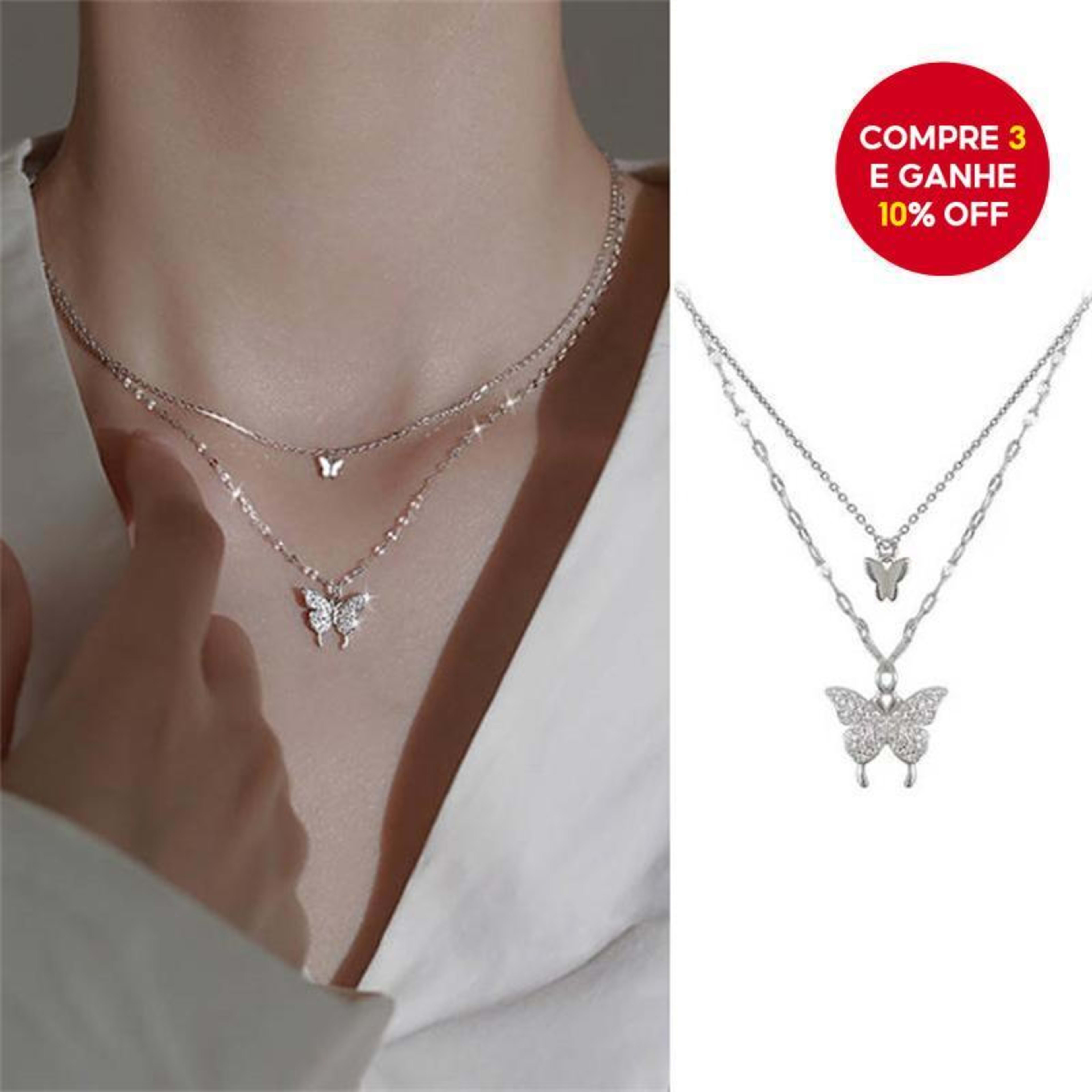 Colar Com Pingente De Borboleta De Camada Dupla Para Mulheres Corrente De Clavícula Elegante Strass Brilhante