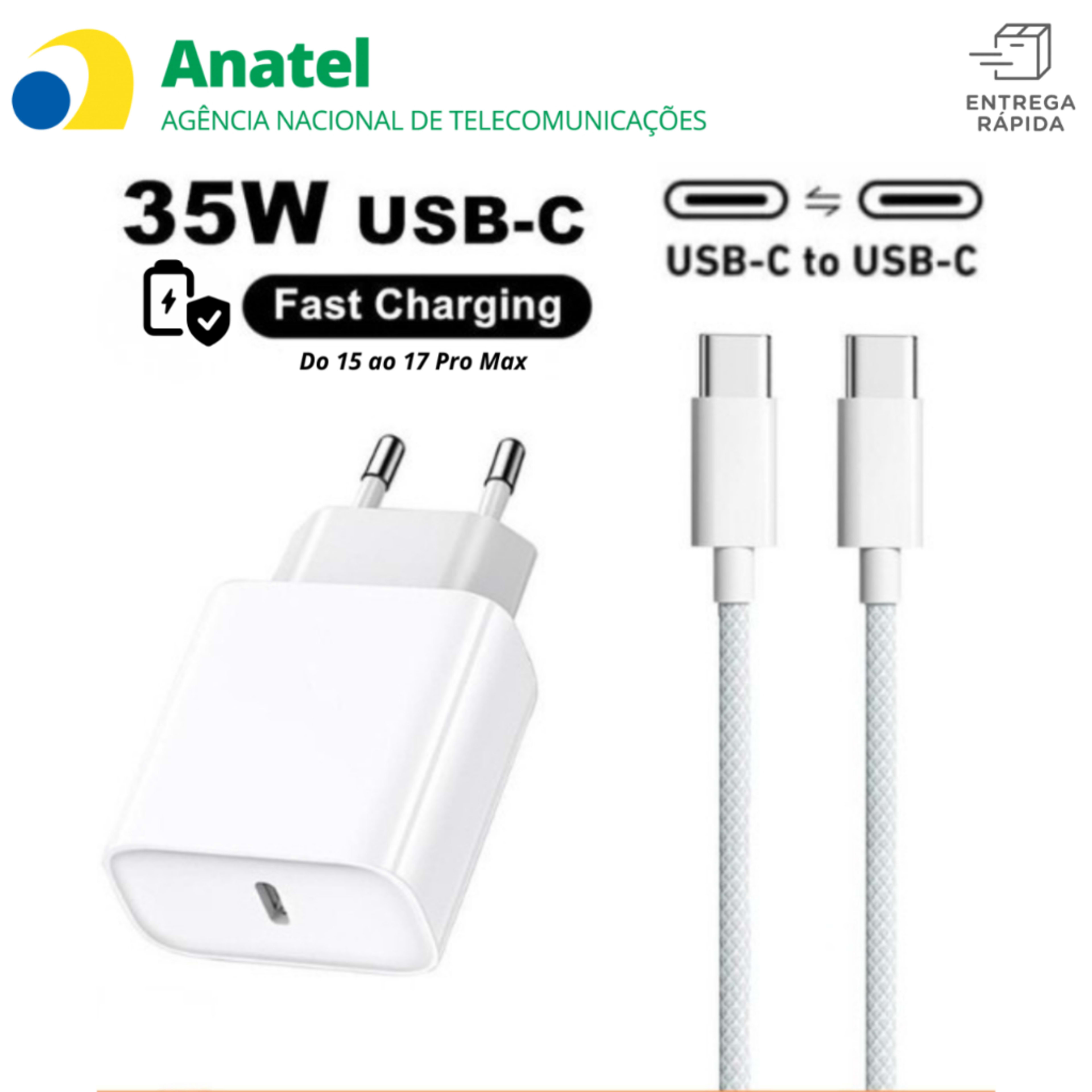 Carregador 35W iPhone 15 Pro Max Turbo Fonte USB-C + Cabo Tipo-C Tipo C de 1M Ou so cabo de 1m
