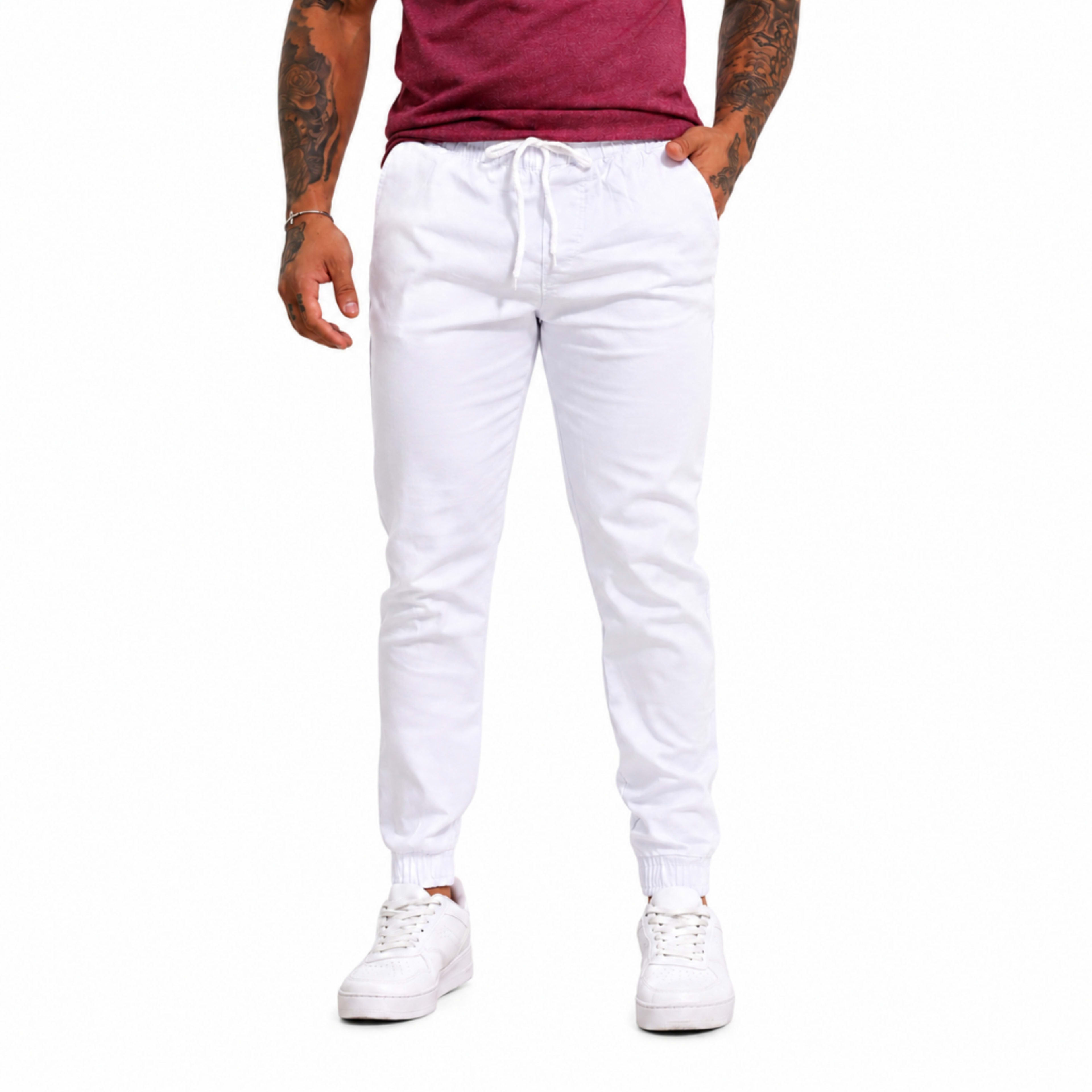 Calça Jogger Masculina Jeans  Sarja Branca Punho Elástico Cordão De Regulagem Premium Confortável