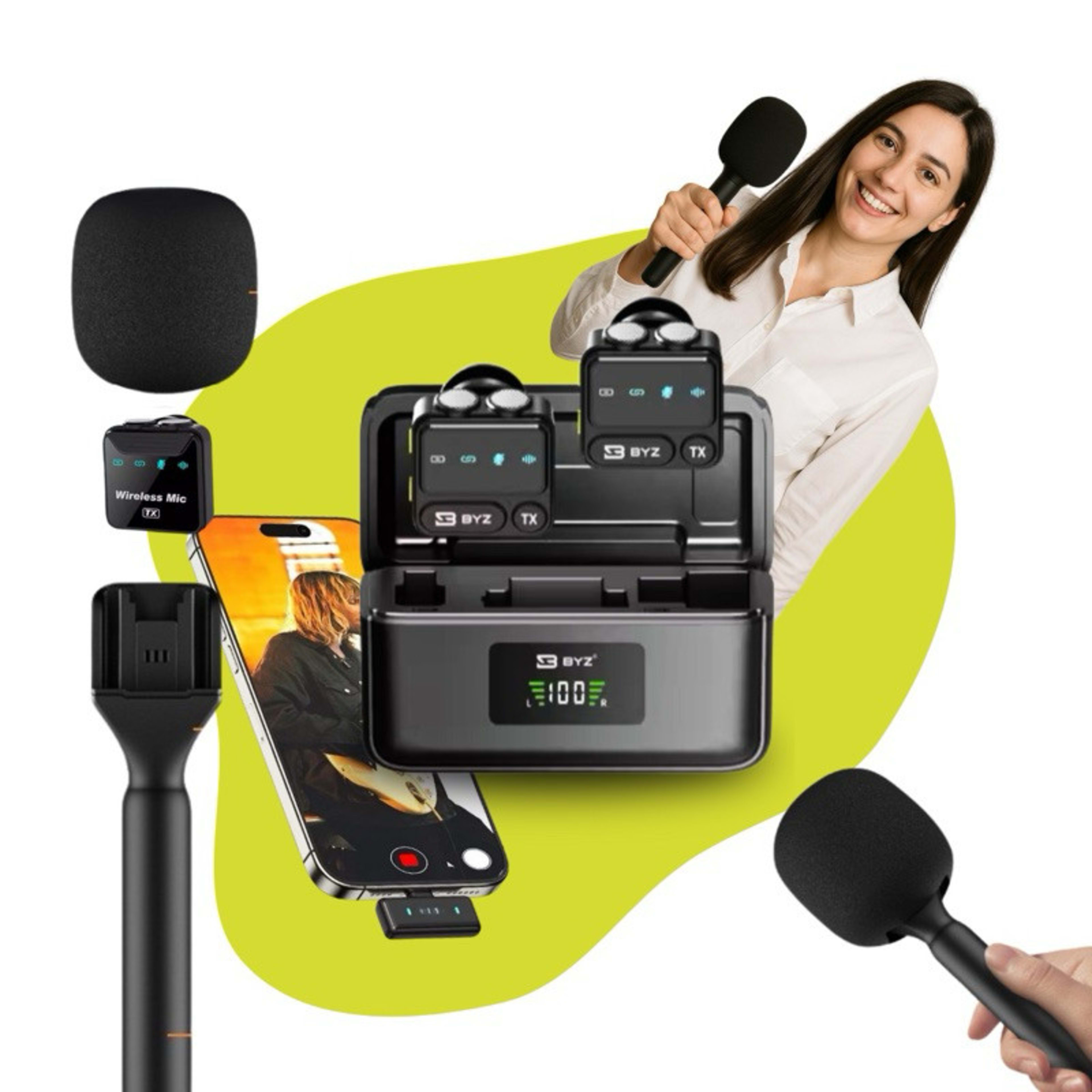Kit Microfone Lapela Profissional Anti Ruido p/ Celular com Bastão de Mão Entrevistas Vídeos Podcast