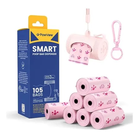 Refil Saquinho Higiênico Pet Cata Caca Biodegradável 105 Unidades (7 Rolos) Aroma Lavanda + Porta Saquinho Dispenser  Pawview Rosa