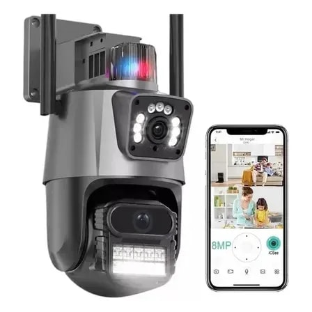 Camera Segurança Externa Lente Dupla 4k 6mp Sirene Policial G.eye Preto E Branco