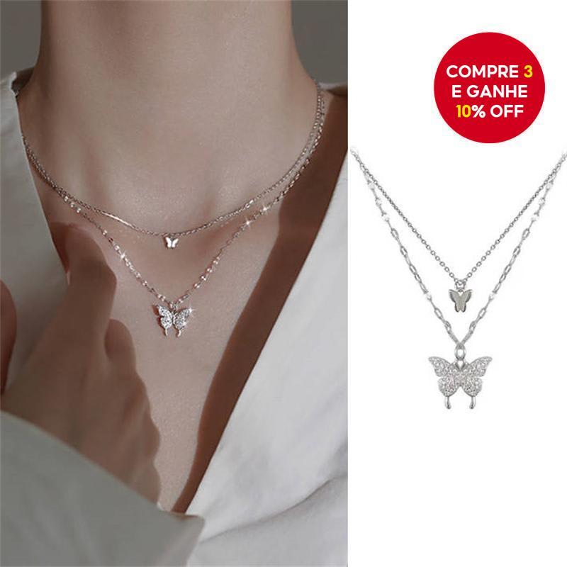 Colar Com Pingente De Borboleta De Camada Dupla Para Mulheres Corrente De Clavícula Elegante Strass Brilhante