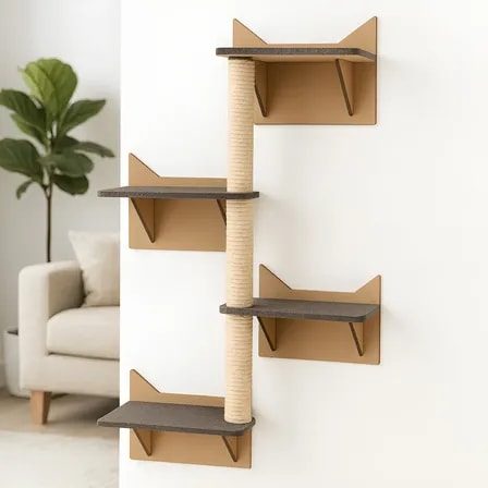 Arranhador De Parede Para Gato Plataformas Poste De Sisal Prateleiras Escalador E Arranhador De Gatos Vertical 4 Níveis Boxfan Ocre