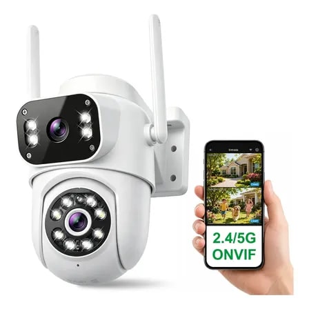 Câmera De Segurança Cvlink Ptz 8mp Wifi 2.4g/5g, Ip66, Dupla Lente Com 10x Zoom, Externa, Áudio Bidirecional, Alarme Branco