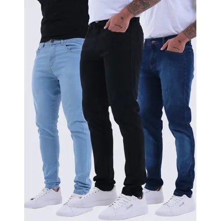 Kit 3 Calças Jeans Skinny Masculina Com Lycra Estica Bem Nf Azul Claro Cinza Preta 42