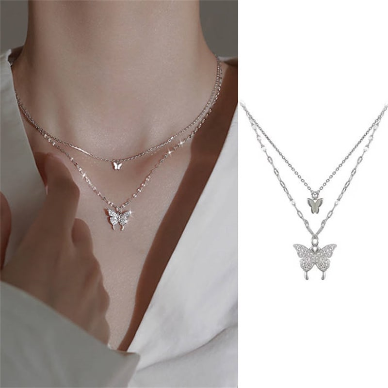 Colar Com Pingente De Borboleta De Camada Dupla Para Mulheres Corrente De Clavícula Elegante Strass Brilhante