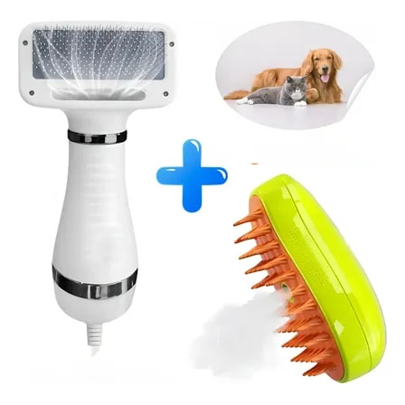 Kit Escova Pet Massagem Com Vapor E Secador Soprador Pelos Branco 127v