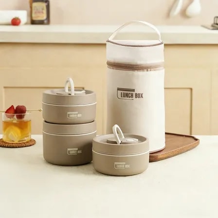 3 Pçs Lancheira Térmica 304 , 440ml*2+600ml C/ Bolsa Térmica Marrom