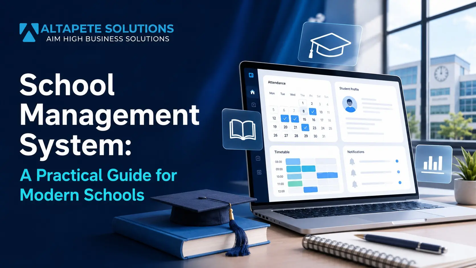 Altapete Solutions school management system guide cover with a laptop dashboard showing attendance, student profiles, timetables, books, and a graduation cap.