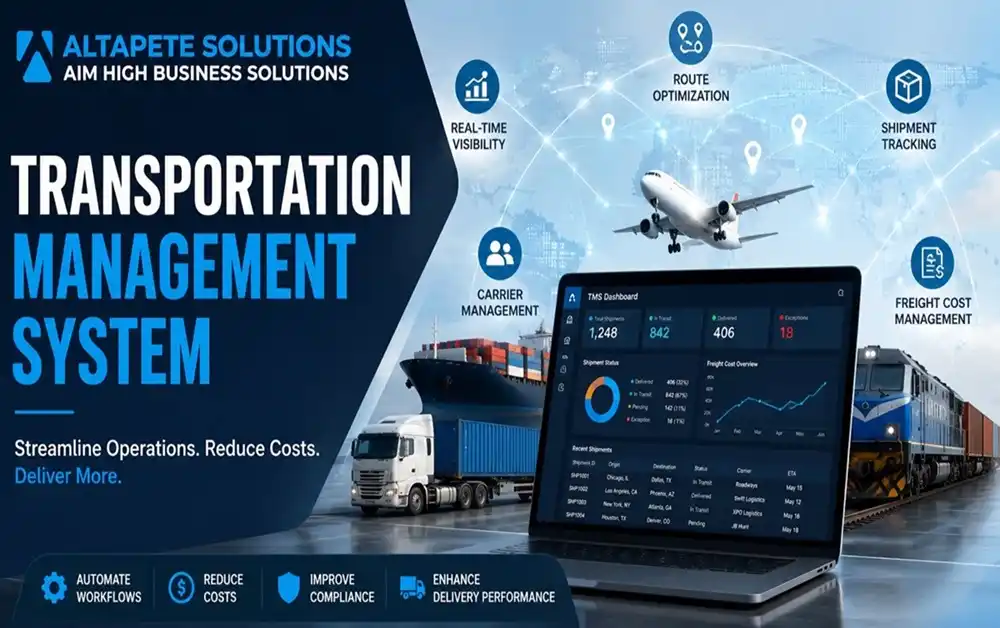 Transportation Management System dashboard with shipment tracking, route optimization, carrier management, freight analytics, and Altapete Solutions branding.
