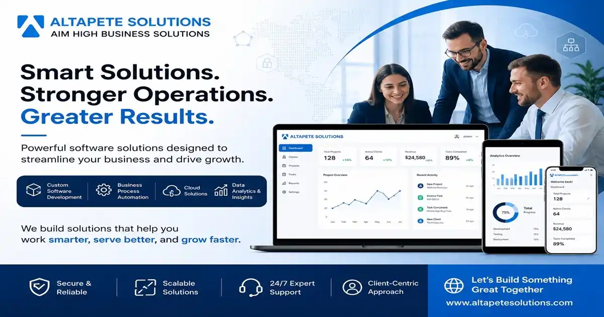 Hotel Booking Management Solutions banner by Altapete Solutions featuring hotel reservation software dashboard, mobile booking app, real-time room availability, analytics, and hotel management system for streamlining bookings and improving guest experience