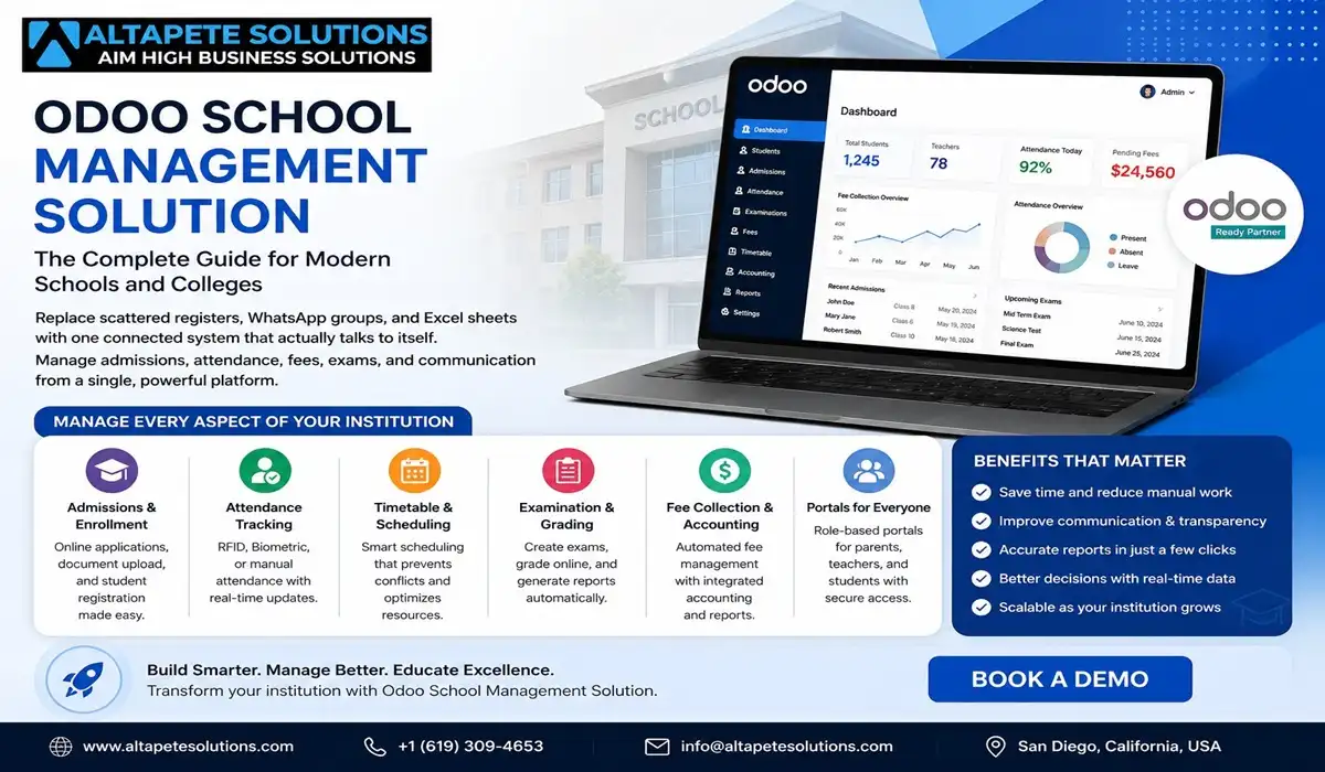 Altapete Solutions Odoo School Management Solution banner featuring the company logo, a modern school ERP dashboard on a laptop, and key features including admissions, attendance, timetable scheduling, examinations and grading, fee collection, accounting, and parent/teacher/student portals. Highlights include reduced manual work, improved communication, accurate reporting, real-time data, and scalability, with a ‘Book a Demo’ call to action
