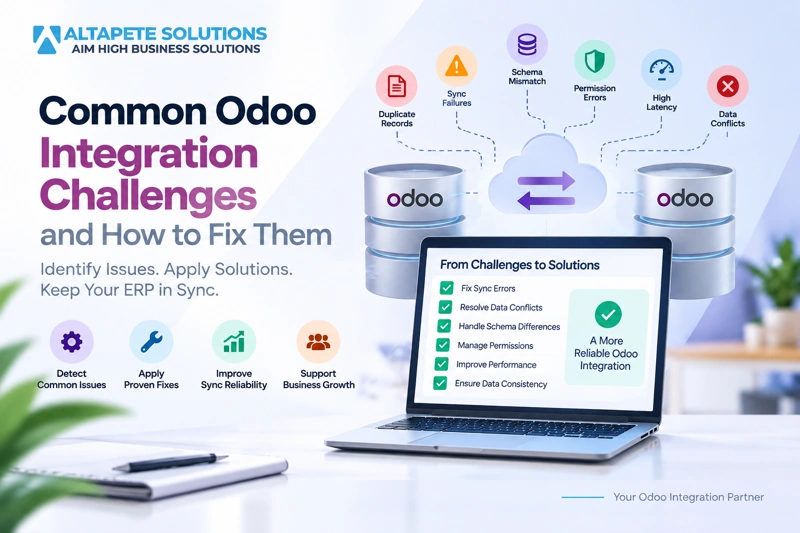 Common Odoo integration challenges showing sync errors, duplicate records, permission issues, conflict resolution, and ERP data synchronization