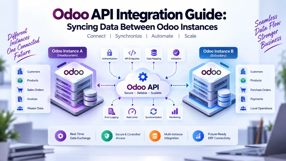 Odoo API integration syncing data between two Odoo instances with authentication, data mapping, validation, and monitoring