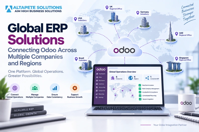 Global ERP solutions connecting Odoo across multiple companies and regions with data synchronization, localization, governance, and consolidated reporting