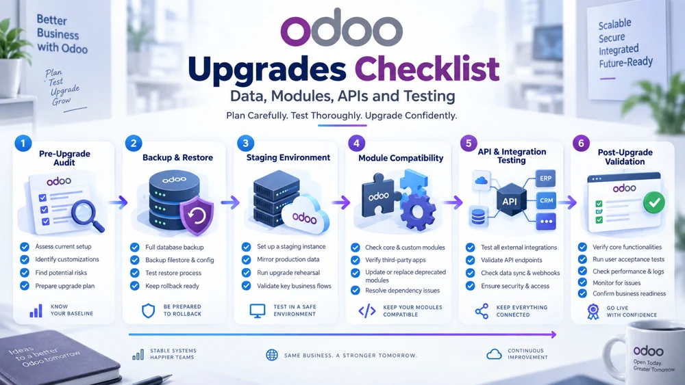 Odoo upgrades checklist covering data backup, custom modules, API compatibility, integration testing, rollback planning, and post-upgrade validation
