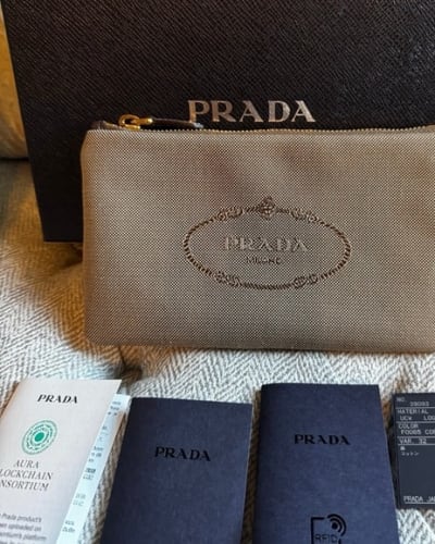 Prada Beige Jacquard Zip Pouch