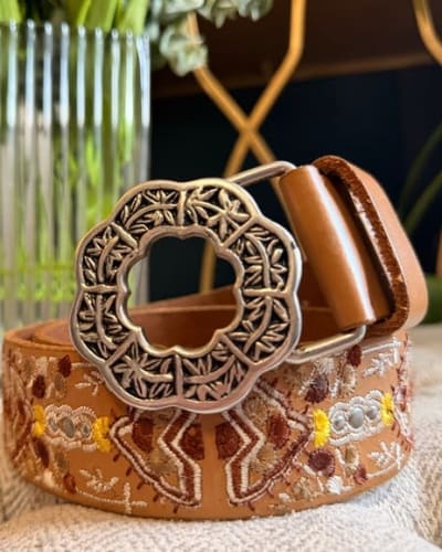 Lucky Brand Embroidered Tan Belt with gorgeous Silver Buckle