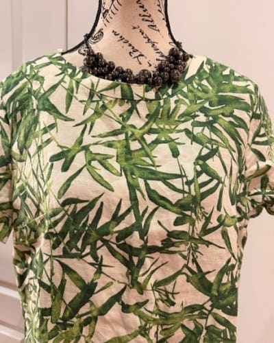 Massimo Dutti 100% Linen Green Bamboo Print Short Sleeve Top