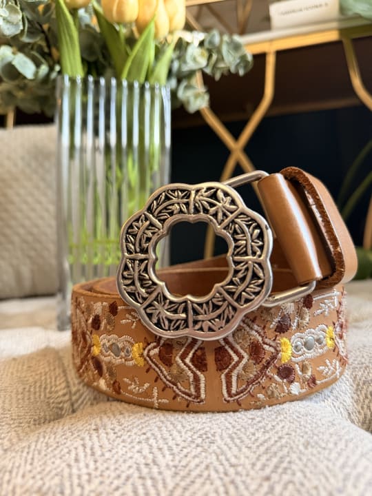 Embroidered Leather Belt with Floral Buckle