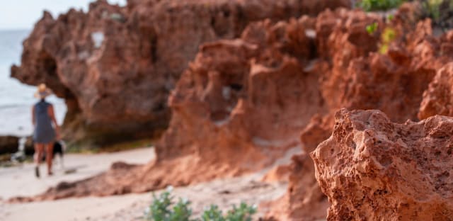 A close-up of weathered red rock formations on a beach, with a blurred woman in a hat and dress walking a dog near the sea in the background.