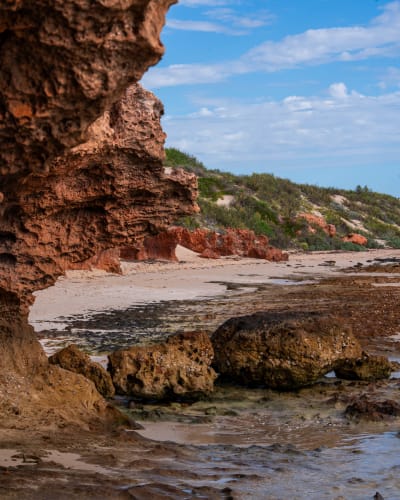 Pitted red-orange rock formations in the foreground of a beach at low tide, with wet reef flats, pale sand, green dune vegetation, and a blue sky with scattered clouds.