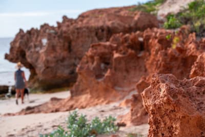 A close-up of weathered red rock formations on a beach, with a blurred woman in a hat and dress walking a dog near the sea in the background.