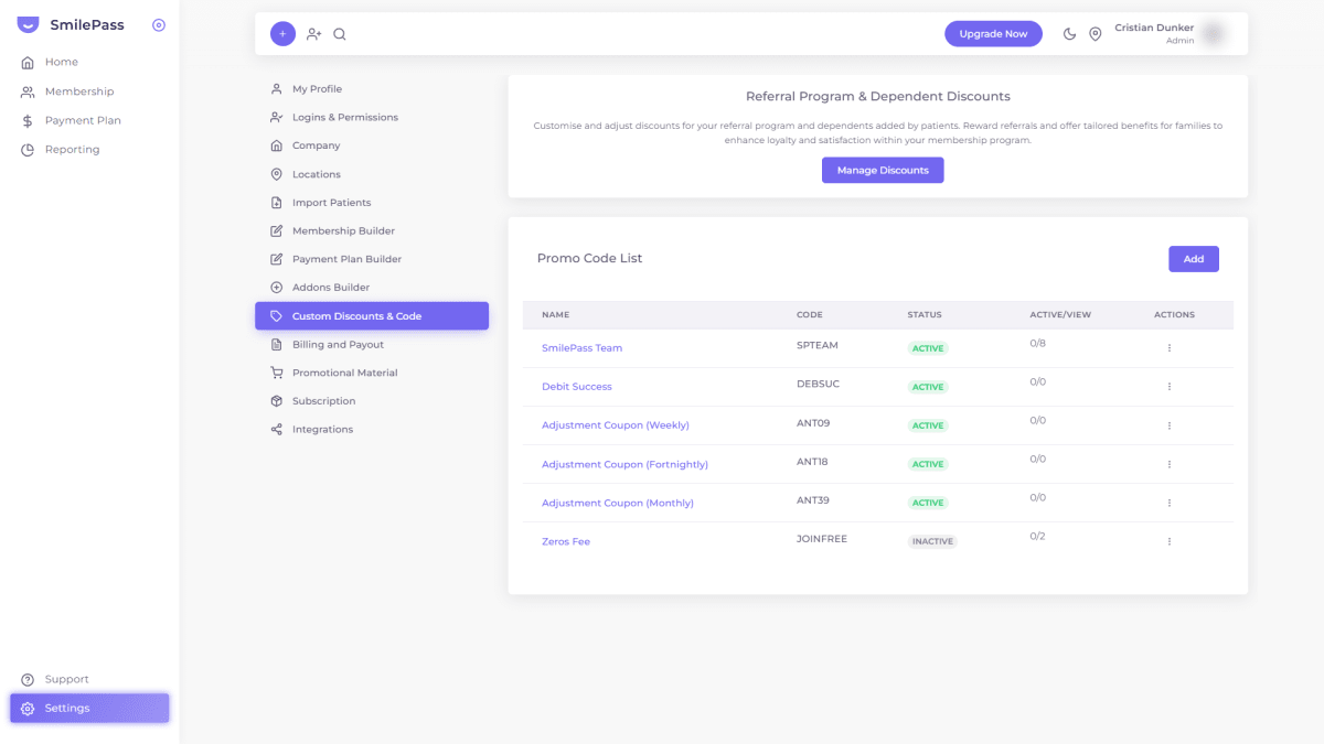 SmilePass Settings — Custom Discounts and Code, with Referral Program and Dependent Discounts