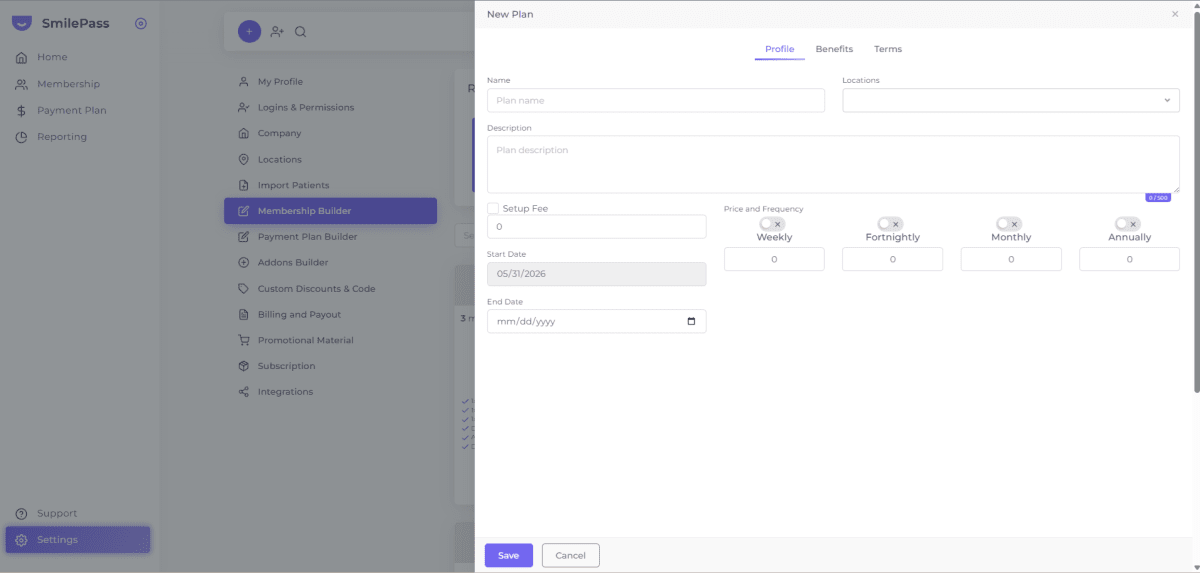 SmilePass New Plan form, where you create the base household membership plan