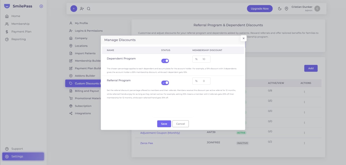 SmilePass Manage Discounts screen for setting per-dependent membership discounts