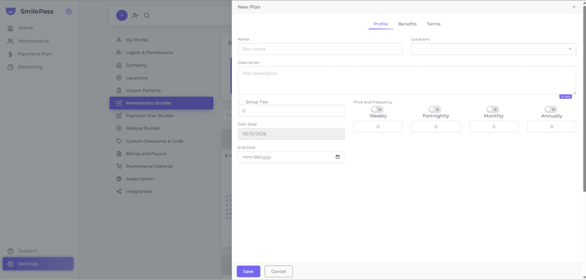 SmilePass New Plan form, used to set each loyalty tier's price and perks