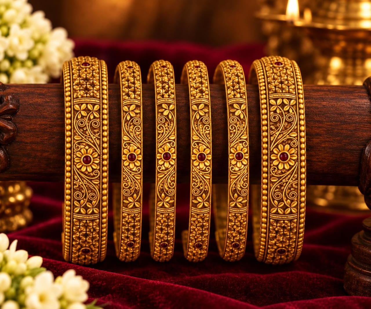 22K Antique Temple Bangle Set