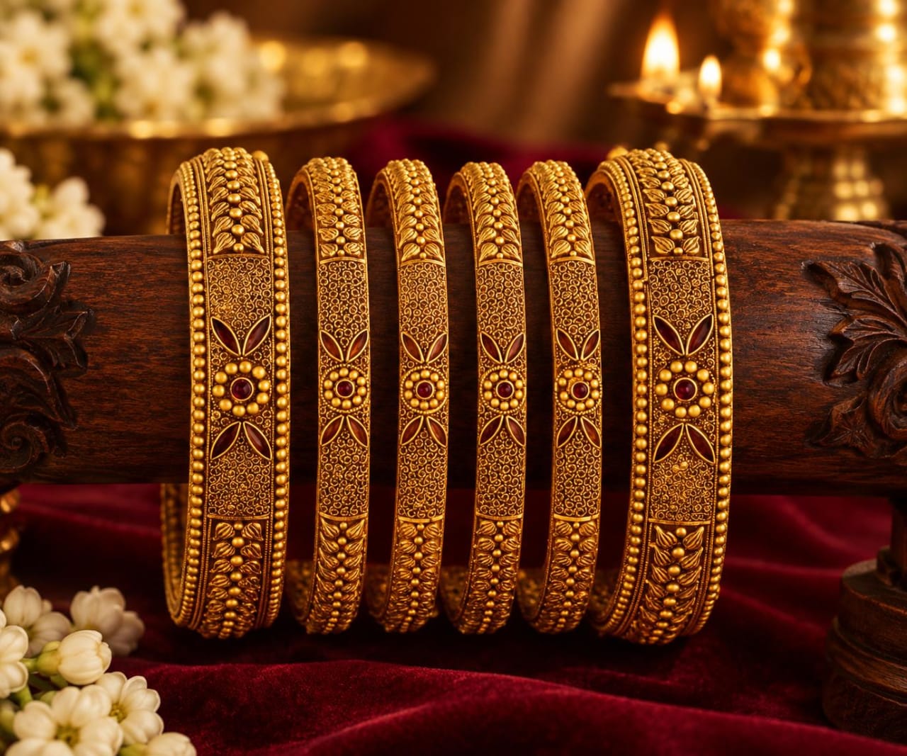 22K Antique Temple Bangle Set