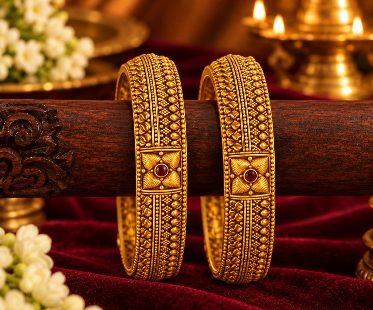 22K Antique Temple Bangle Set