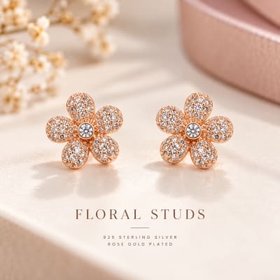 Rose Gold Floral CZ Stud Earrings