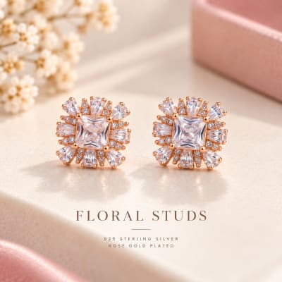 Rose Gold Floral CZ Stud Earrings