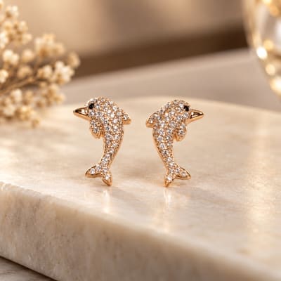 Rose Gold Dolphin Sparkle Stud Earrings