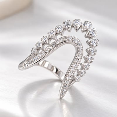 925 Silver Rhodium-Plated Heart Arc Diamond Ring