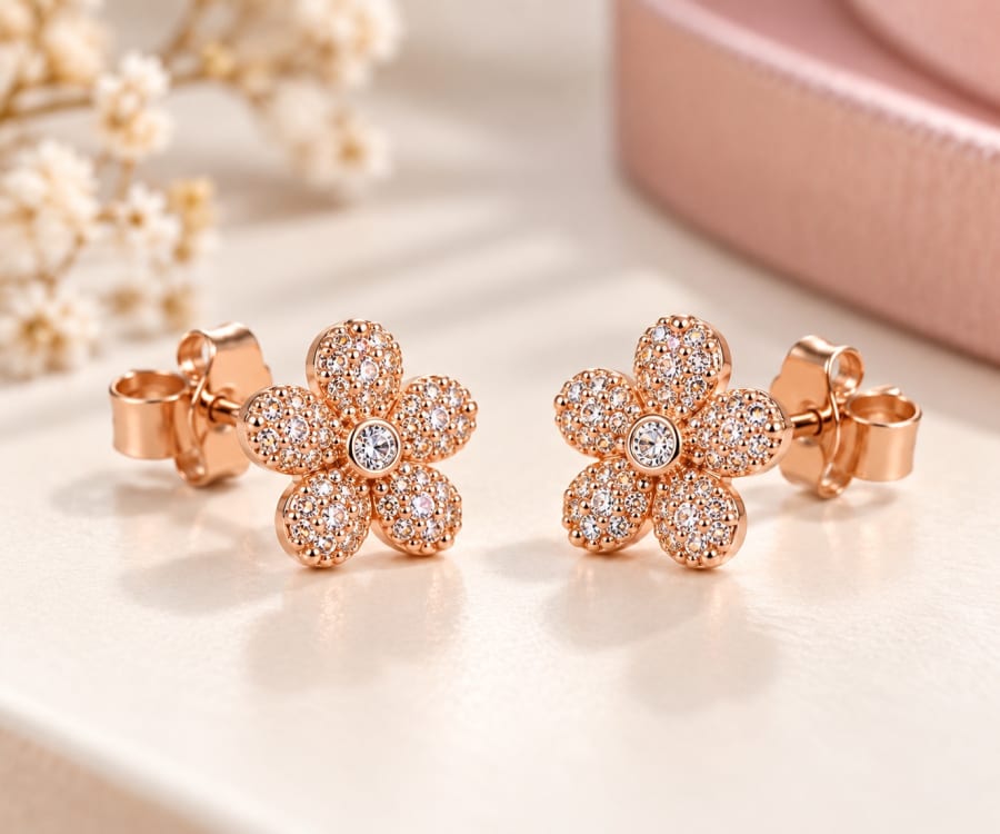 Rose Gold Floral CZ Stud Earrings
