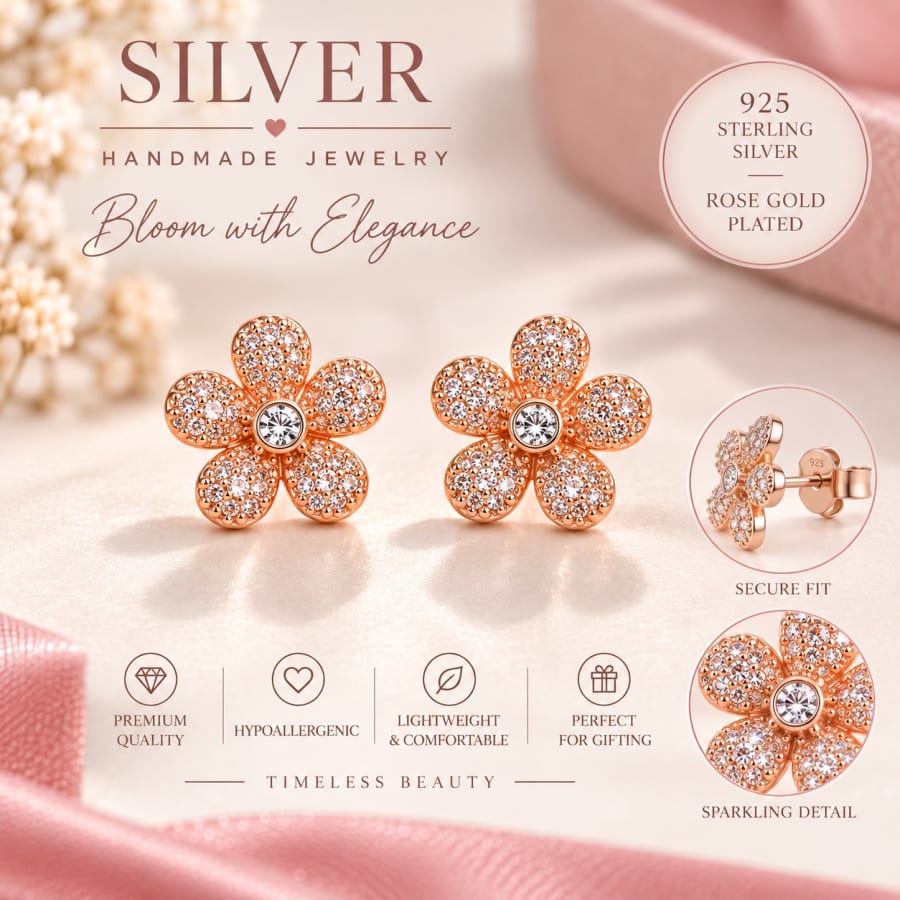 Rose Gold Floral CZ Stud Earrings