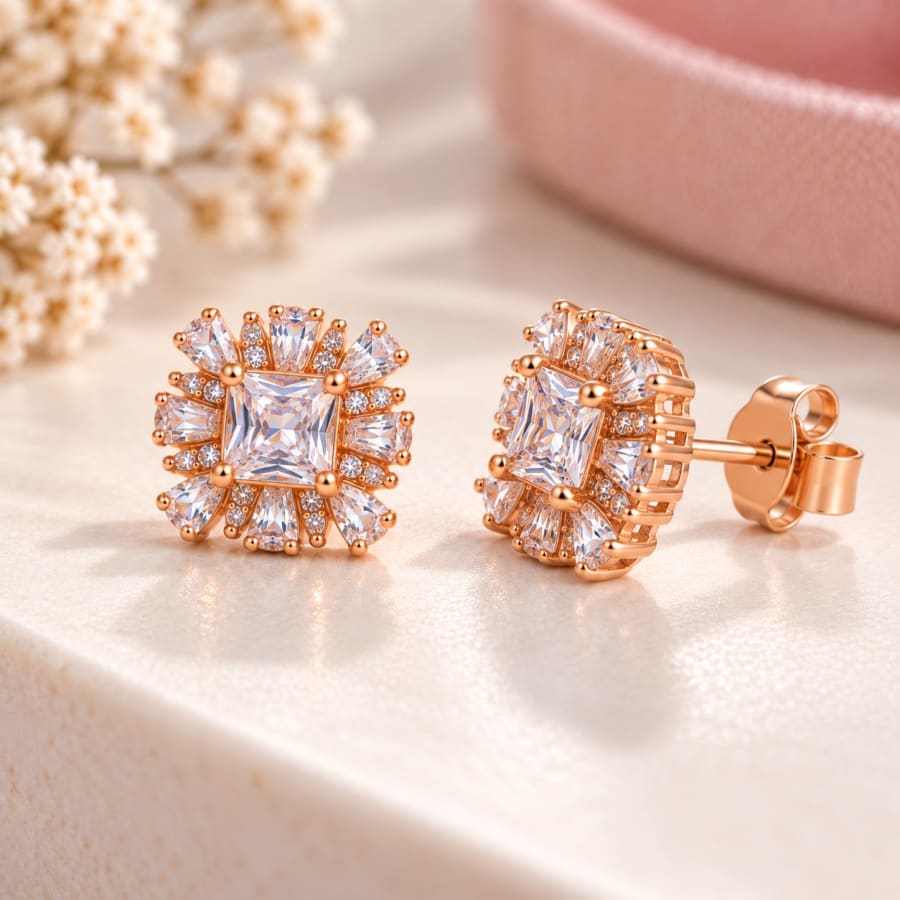 Rose Gold Floral CZ Stud Earrings