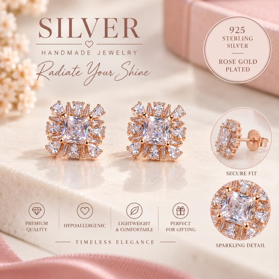 Rose Gold Floral CZ Stud Earrings