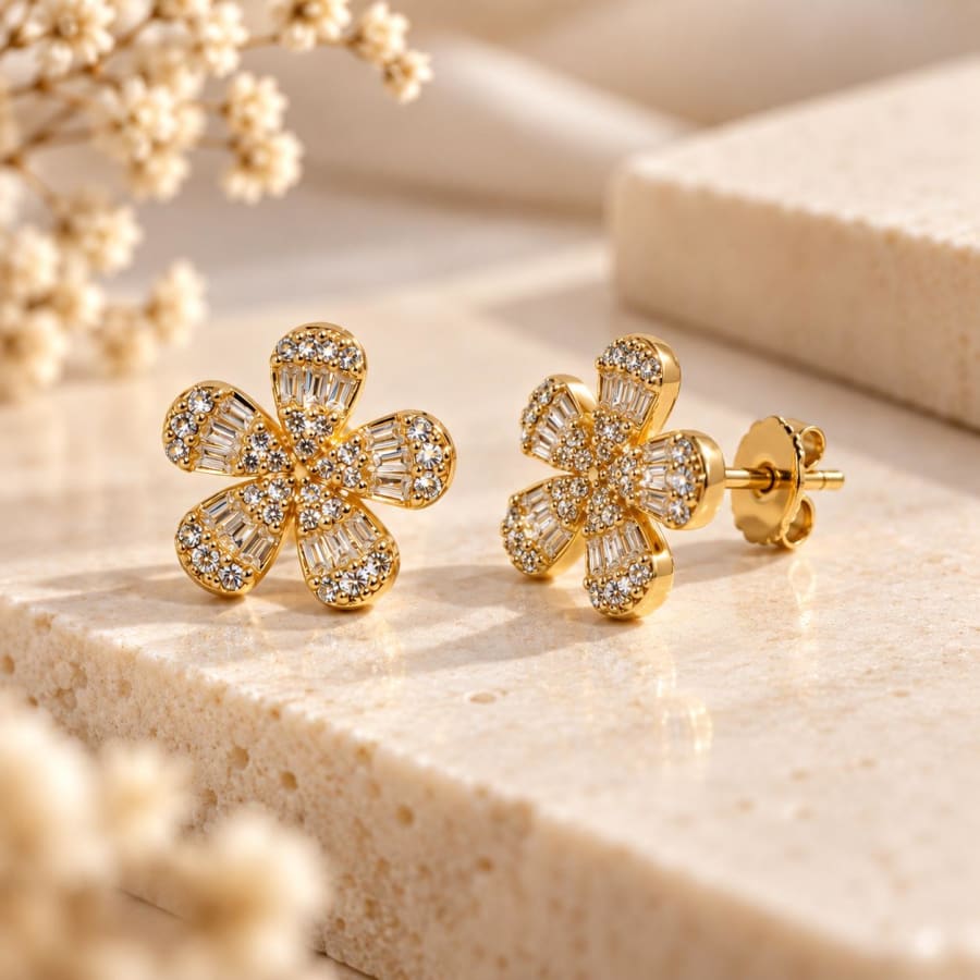 Golden Bloom Floral Studs 925 Silver